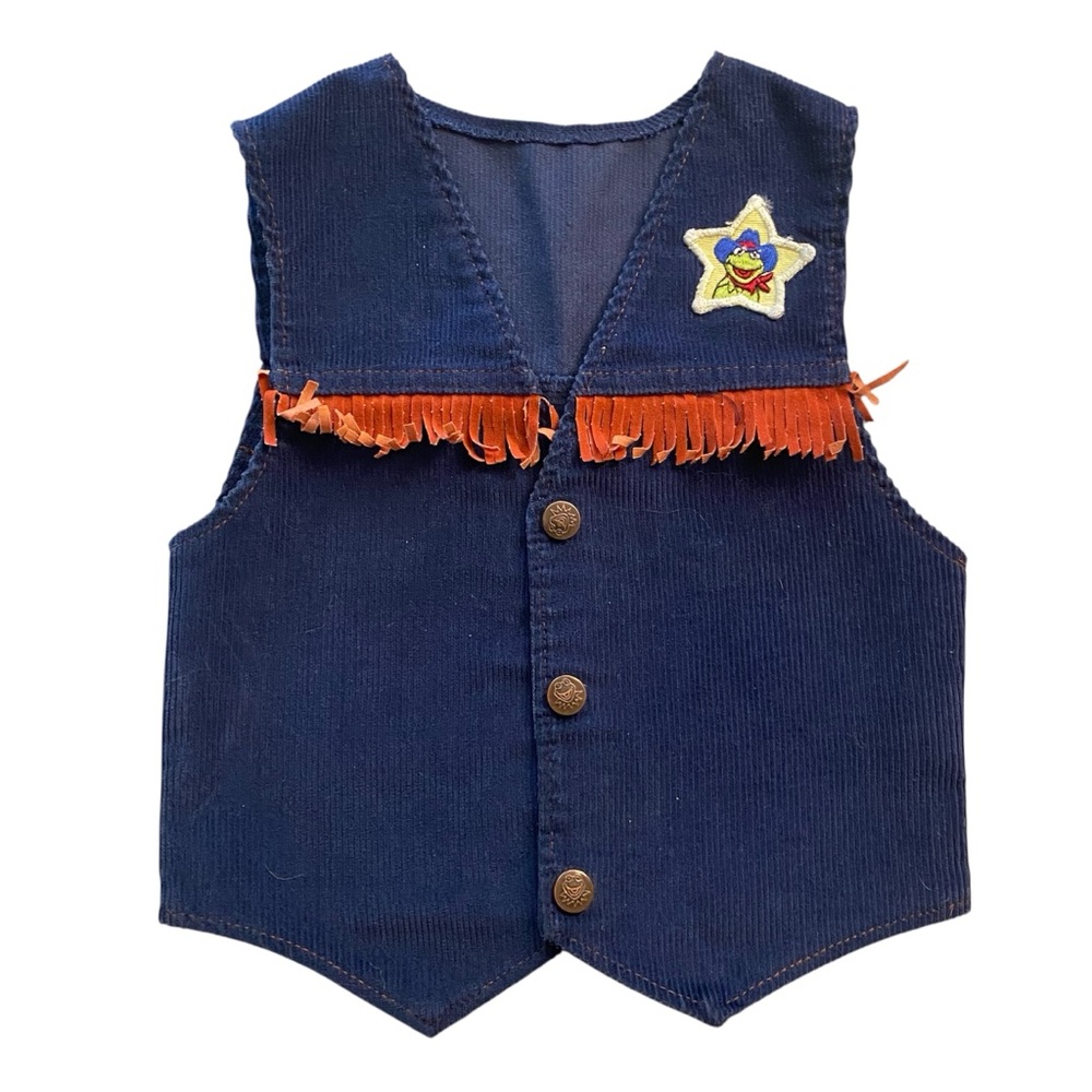 Vintage Kids Kermit Navy Corduroy Vest with Orange Fringe Size 6